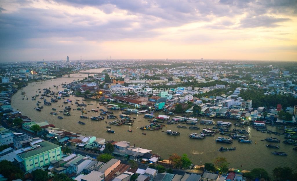 Bird’s-eye view of Cai Rang Floating Market at sunrise in Can Tho
