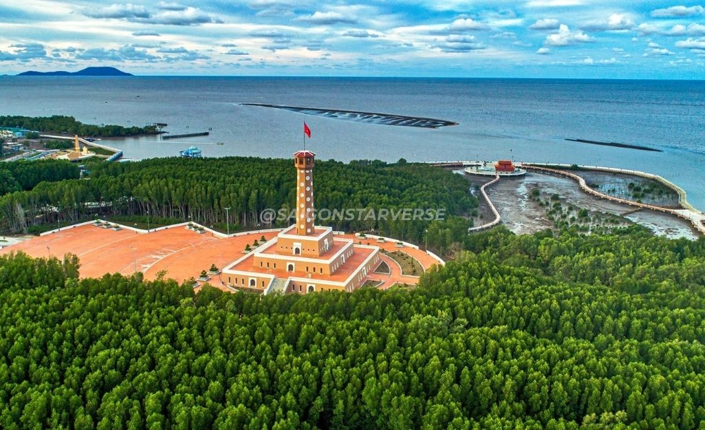 Vietnam national flag flying at Cape Ca Mau Flag Tower
