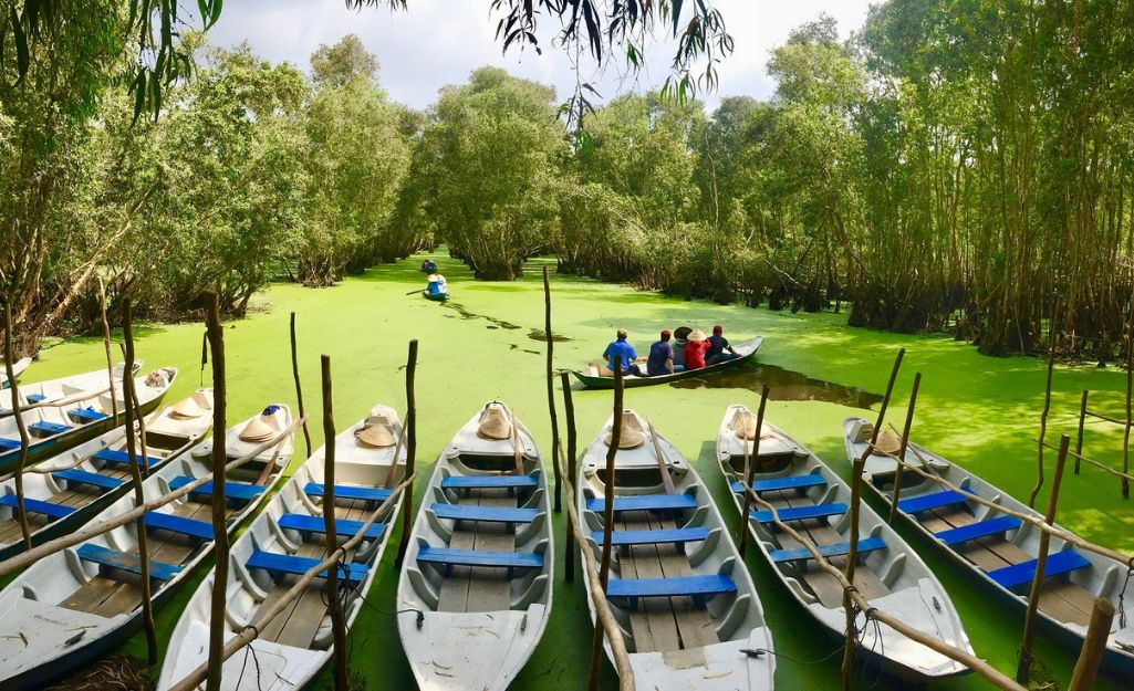 Family enjoying boat tour in Tra Su forest