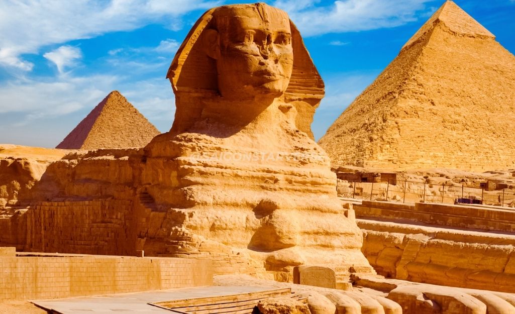 Kim tự tháp Giza ảnh đẹp và Tượng Nhân sư Sphinx huyền bí dưới ánh hoàng hôn trên sông Nile