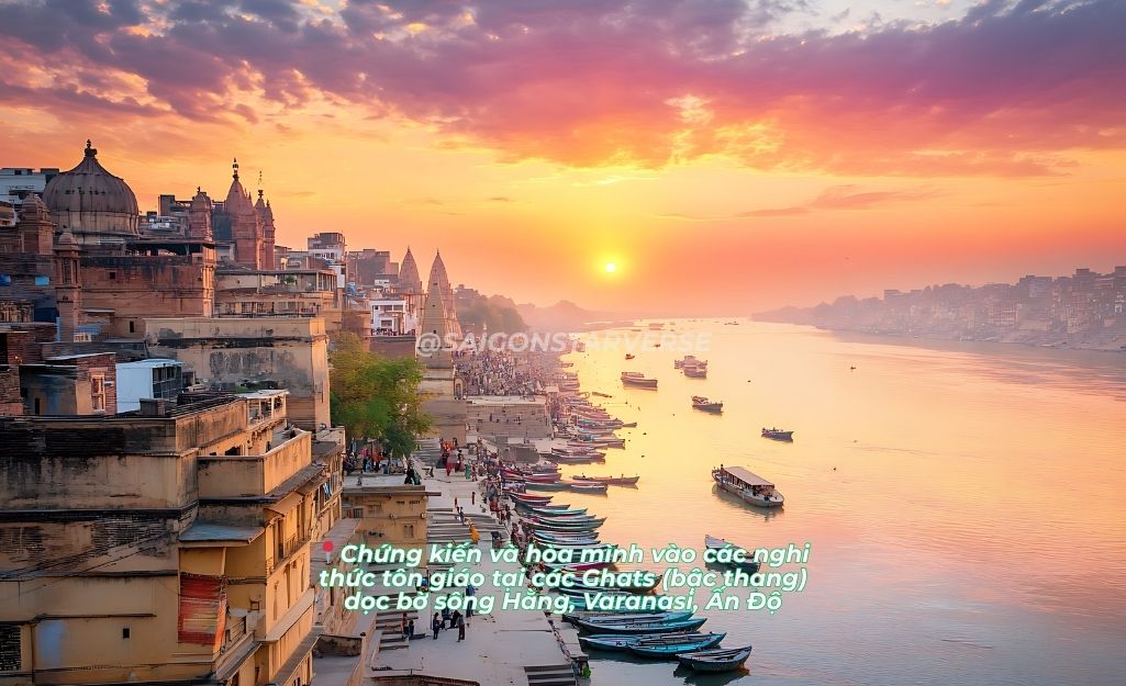TOP 7 TRẢI NGHIỆM BÌNH MINH TUYỆT VỜI NHẤT THẾ GIỚI - 7 - Chứng kiến và hòa mình vào các nghi thức tôn giáo tại các Ghats (bậc thang) dọc bờ sông Hằng, Varanasi, Ấn Độ